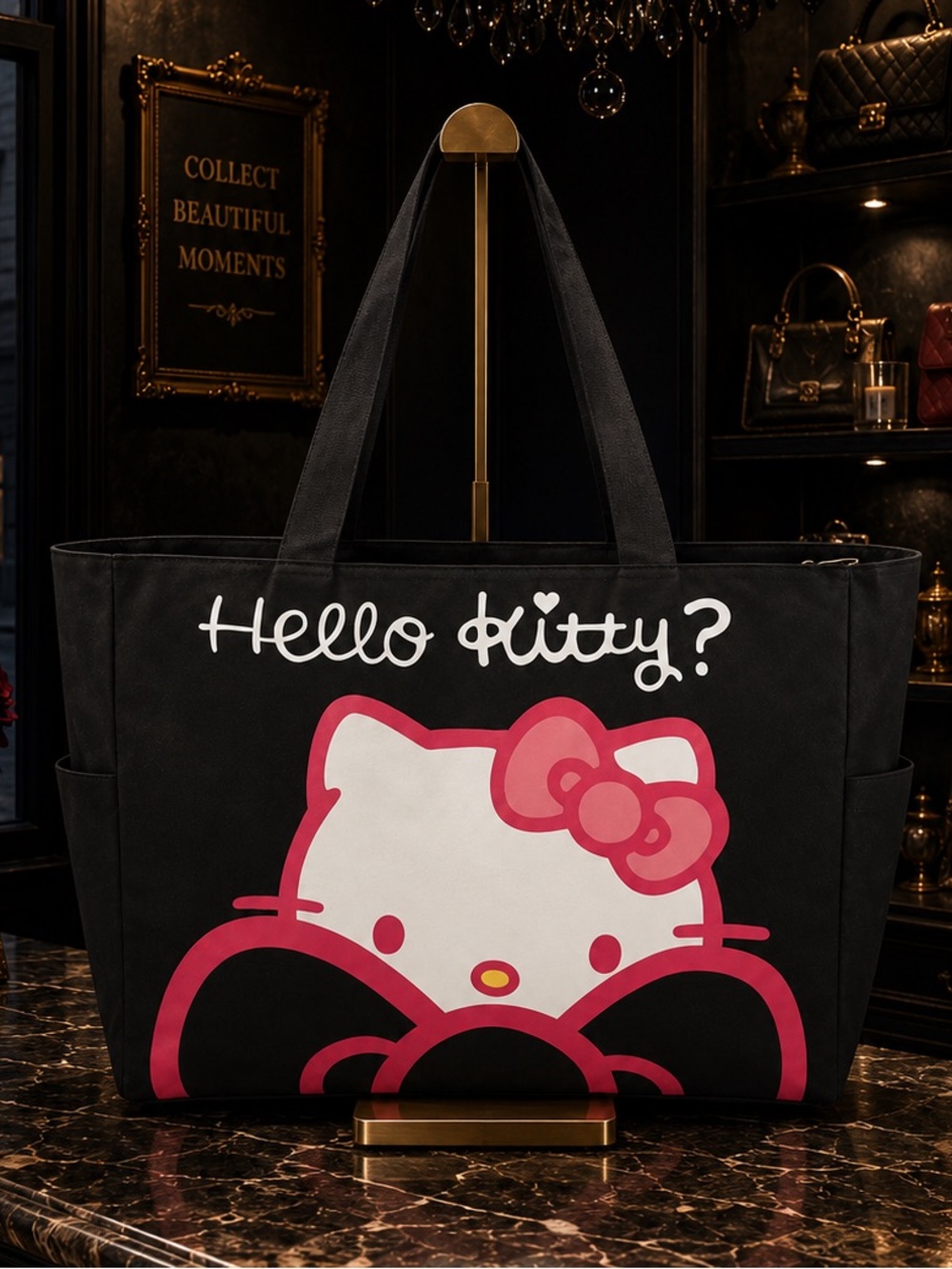 Hello Kitty Extra Large Canvas Tote Shoulder Bag Pink Black & White NWT